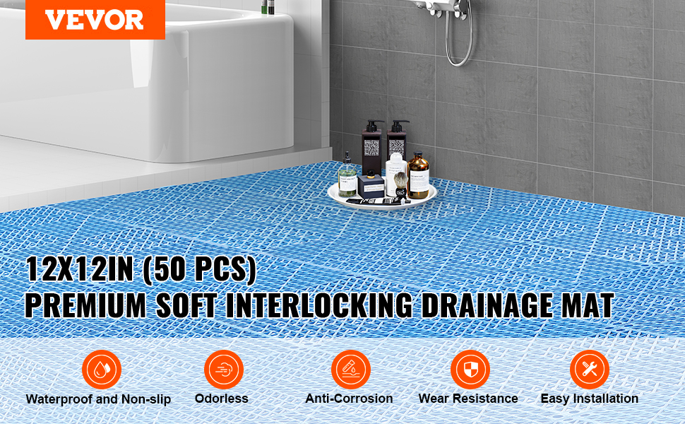 VEVOR Interlocking Drainage Floor Mat 12" x 12" PVC Non-Slip Floor Tiles 50 Pack