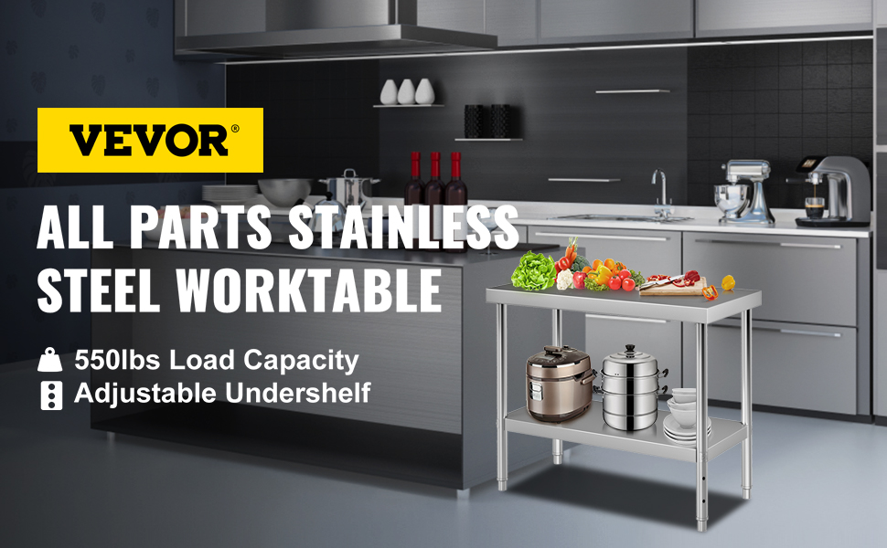 Work Prep Table,Stainless Steel,Adjustable Undershelf