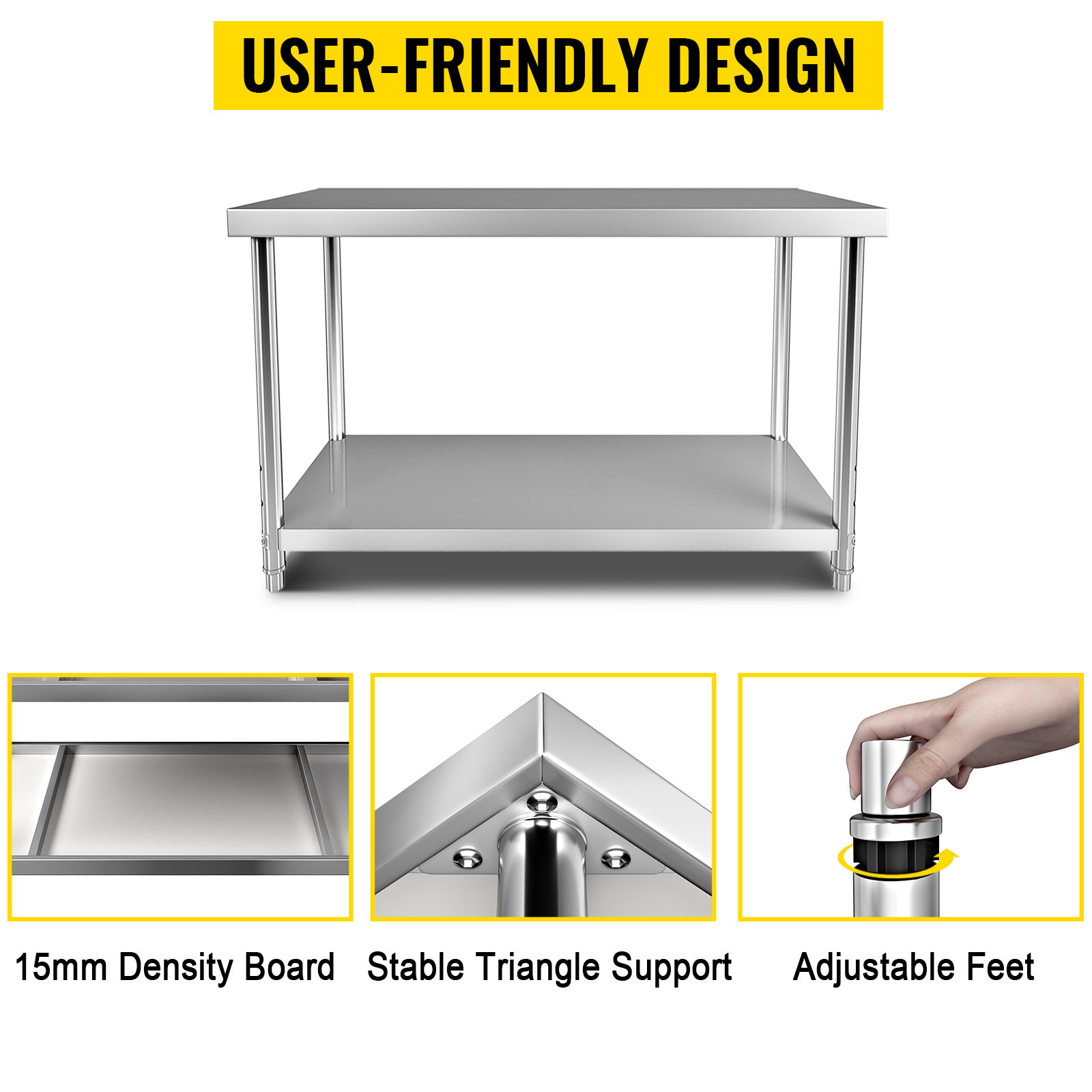 VEVOR Stainless Steel Prep Table 48x18x33 in Commercial Stainless Steel Table 2 Adjustable Undershelf BBQ Prep Table Heavy Duty Kitchen Work Table