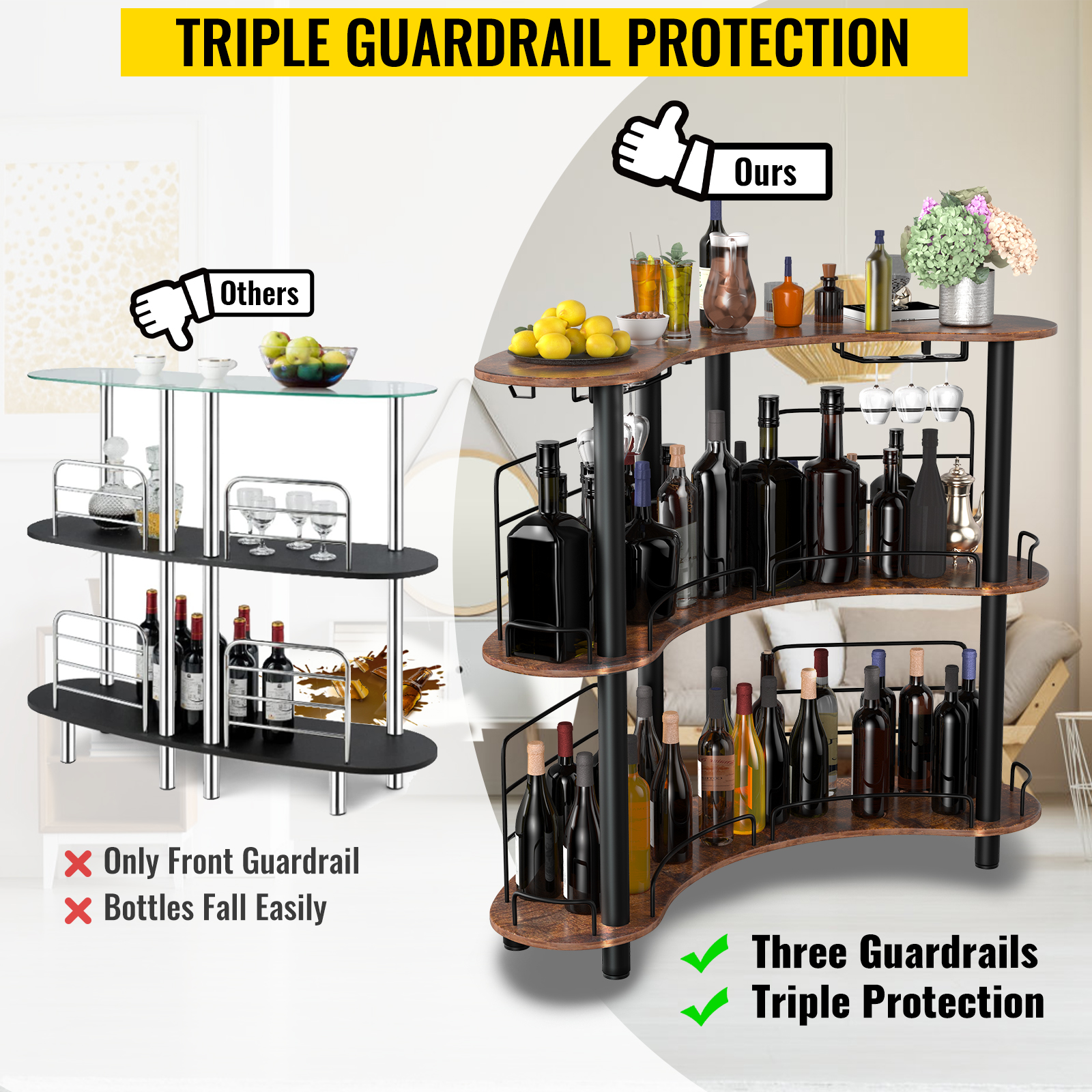 VEVOR Home Bar Unit, 3 Tier for Liquor with Upgrade Guardrails, Corner ...