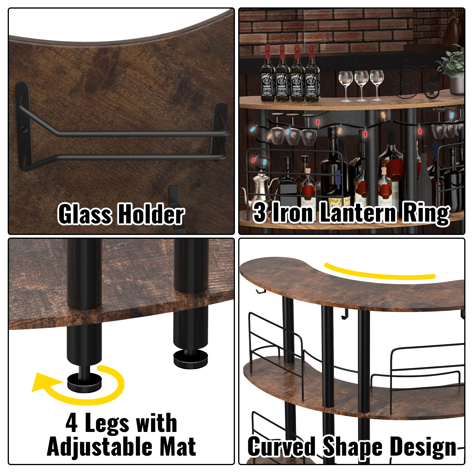 L-Shaped Home Bar Unit with 4 Glasses Holders and 4 Tier Shelves - Brown