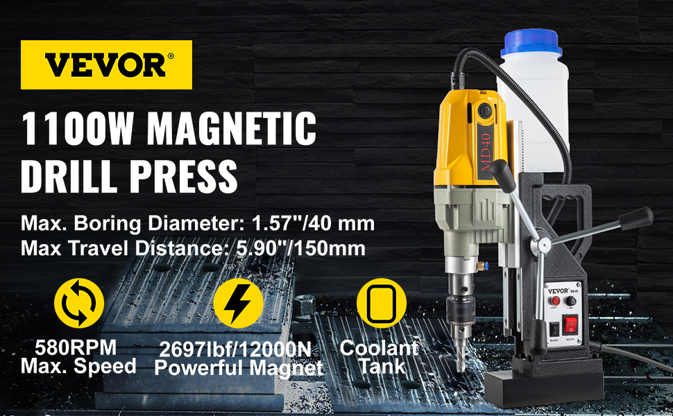 VEVOR Taladro magnético VEVOR, 1100 W, 1,57 pulgadas de diámetro de  perforación, 2697 lbf/12000 N, taladro eléctrico portátil con 12 brocas,  máquina de perforación de velocidad máxima de 580 RPM para cualquier