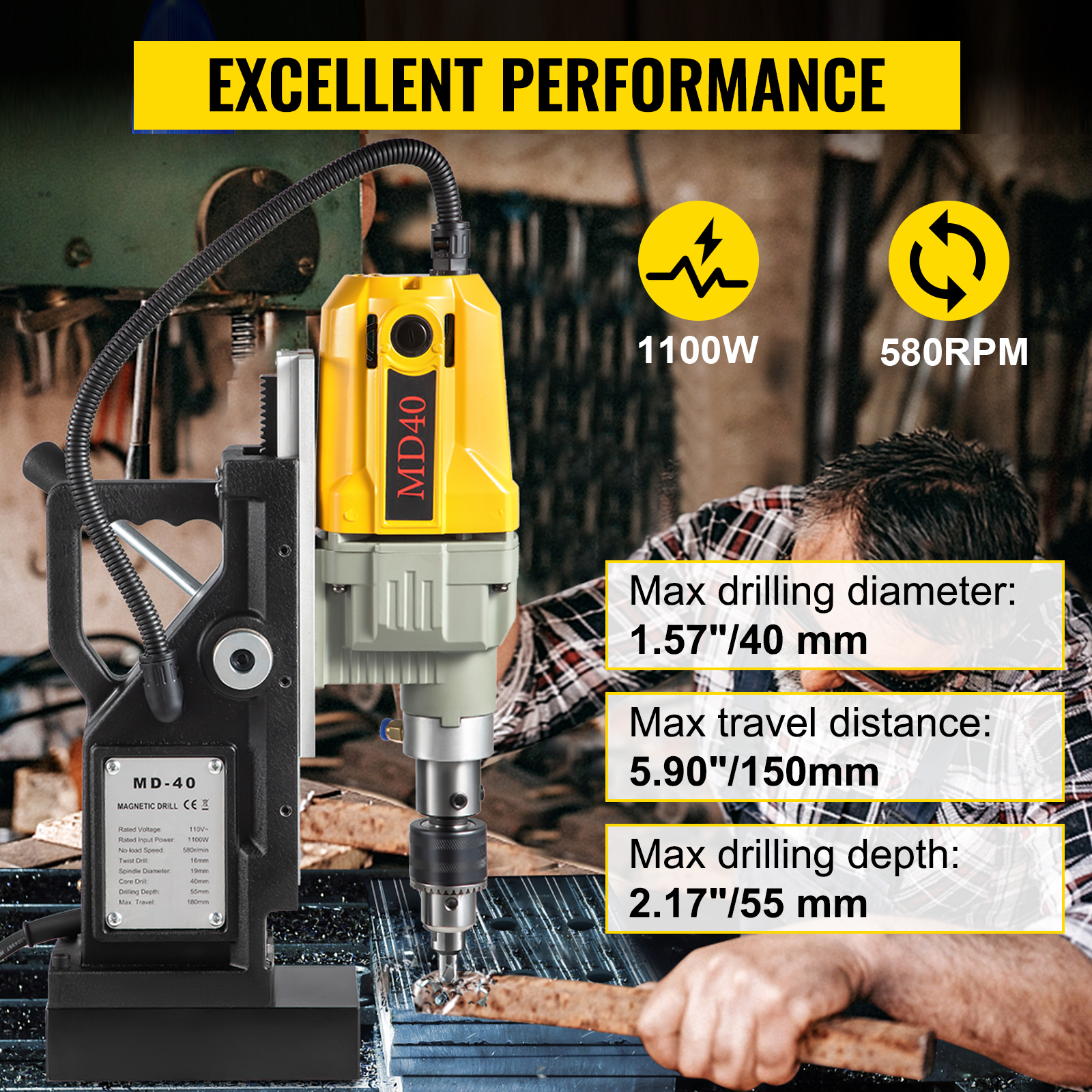 VEVOR Magnetic Drill, 1100W 1.57" Boring Diameter, 2697lbf/12000N Portable Electric Mag Drill Press with 7 Bits, 580 RPM Max Speed Drilling Machine for any Surface and Home Improvement