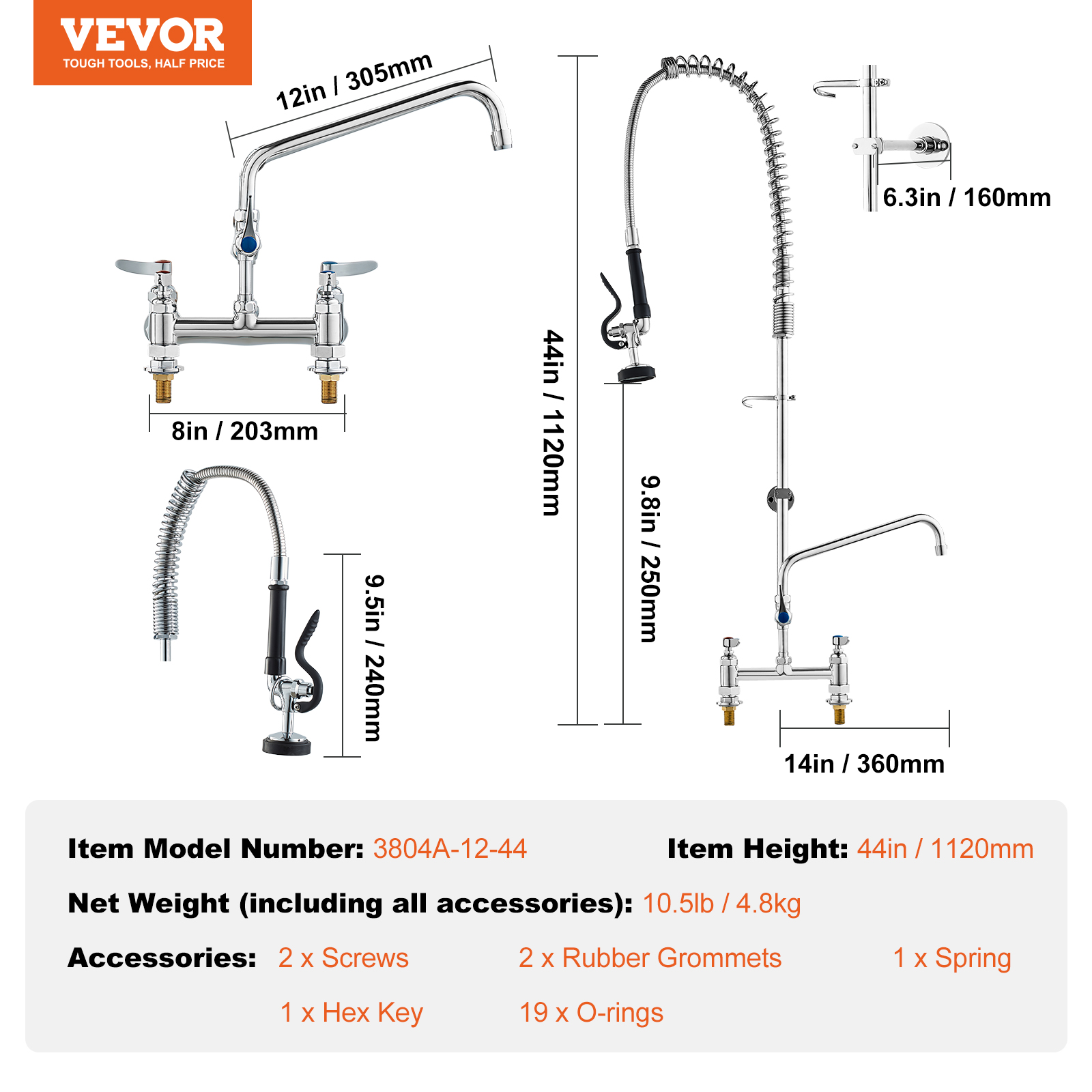 Commercial Pre-Rinse Kitchen Sink Faucet w/ Sprayer Mixer Tap 21-47in - Picture 81 of 86