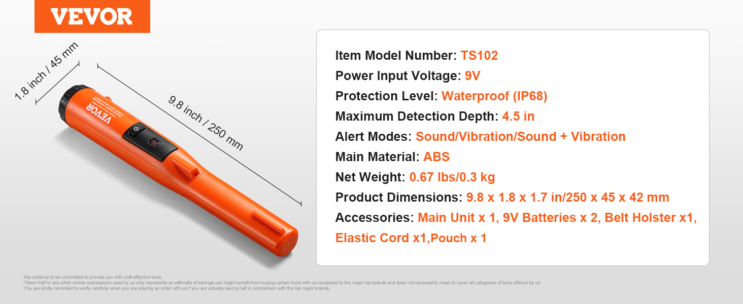 VEVOR Metal Detector Pinpointer IP68 Waterproof Handheld Detector Wand  Probe