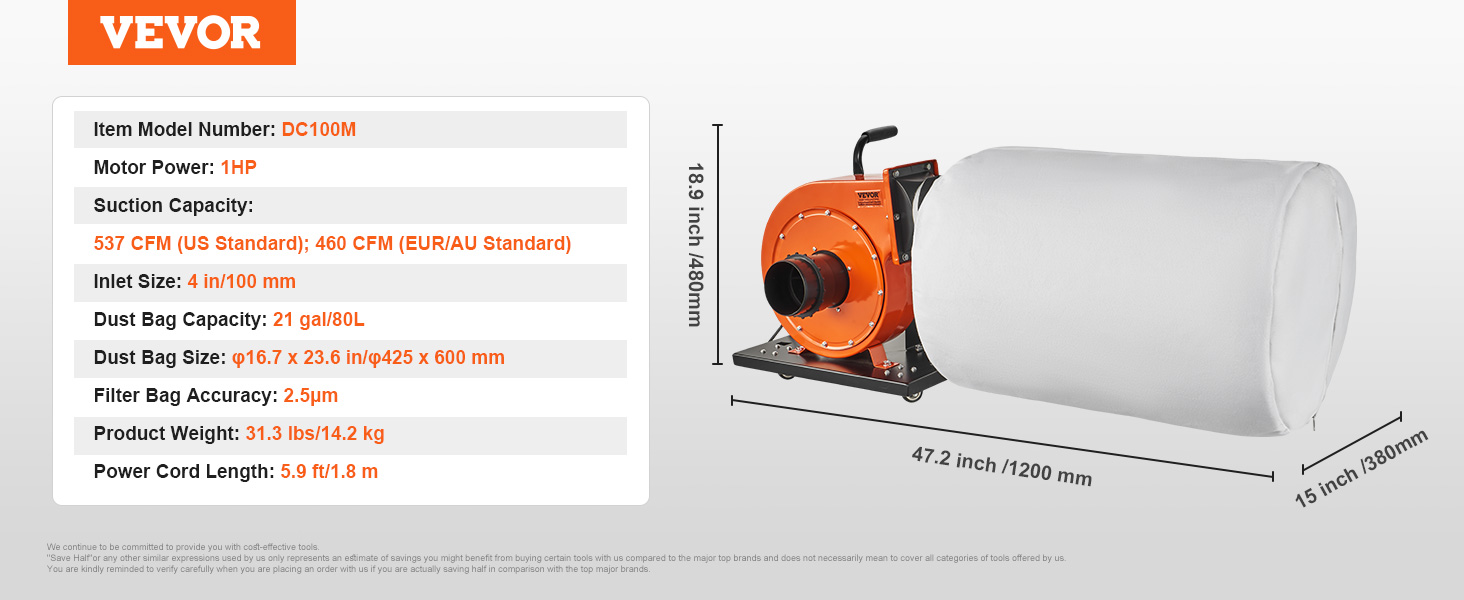 Sběrač prachu VEVOR, průtok vzduchu 1HP 460 CFM, odvalovací sběrač prachu s 21galonovým sběrným sáčkem, 2,5mikronová sáčková filtrace, průmyslová dílenská mobilní nádoba na dřevěný prach s rukojetí a kolečky