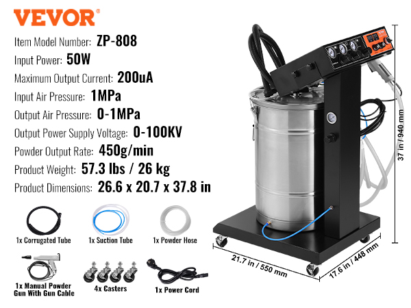 VEVOR Powder Coating System, 50 W 100KV Electrostatic Output Powder Coating Kit with 50L Powder Hopper, 450g Per Minute Powder Coating Machine with Spray Gun and Trolley Base, for Indoor and Outdoor