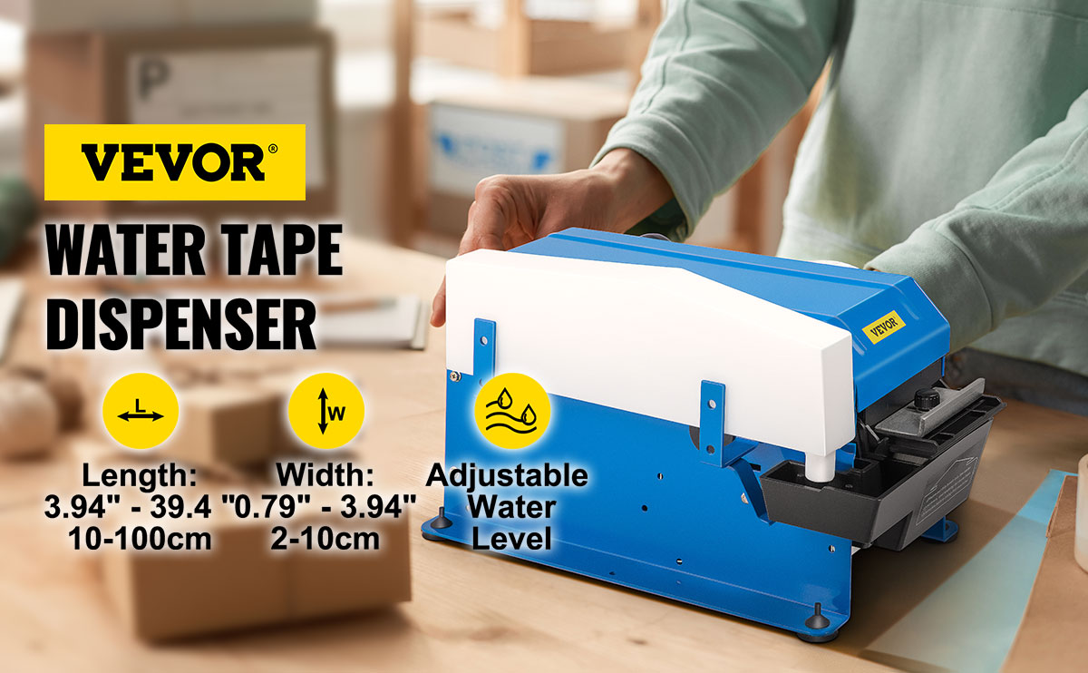 VEVOR Water-Activated Tape Dispenser, Maximum 39.4 x 3.94 Tape,  Adjustable Length, Width & Water Level, Manual Tape Dispenser w/ Water  Brush, Carton