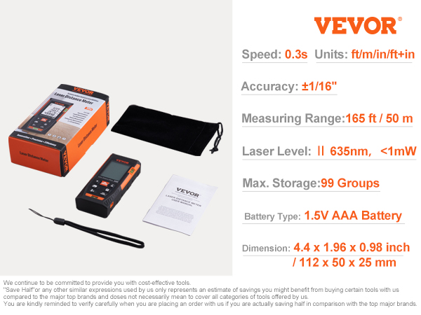 Medidor láser VEVOR, 400 pies, ±1/16'' Medidor de distancia láser de  precisión con almacenamiento de 100 grupos, pies/m/pulgadas/pies+pulgadas