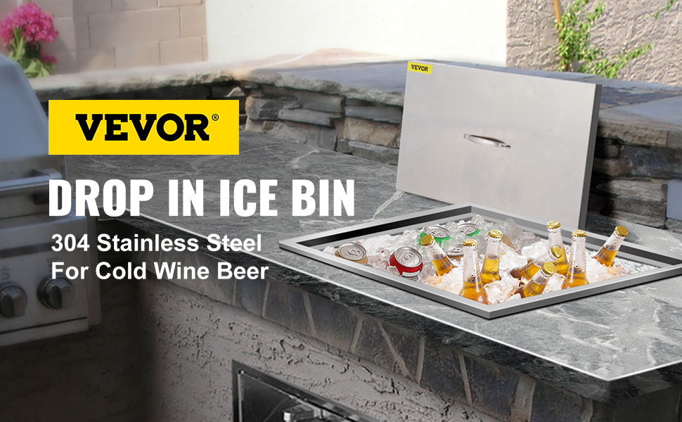 VEVOR Drop in Ice Chest 28''L x 18''W x 17''H Drop in Cooler Stainless Steel with Hinged Cover Bar Ice Bin 87.2 qt Drain-pipe and Drain Plug