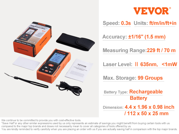 Medidor láser VEVOR, 400 pies, ±1/16'' Medidor de distancia láser de  precisión con almacenamiento de 100 grupos, pies/m/pulgadas/pies+pulgadas