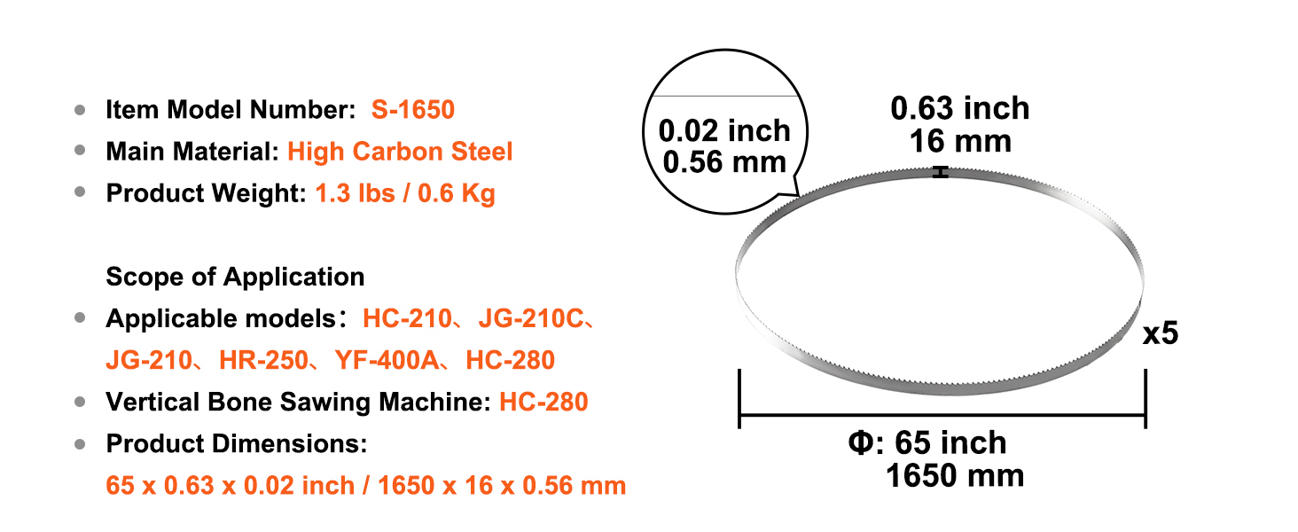 Band Saw Blade,5 PCS,65x0.63x0.02 inch