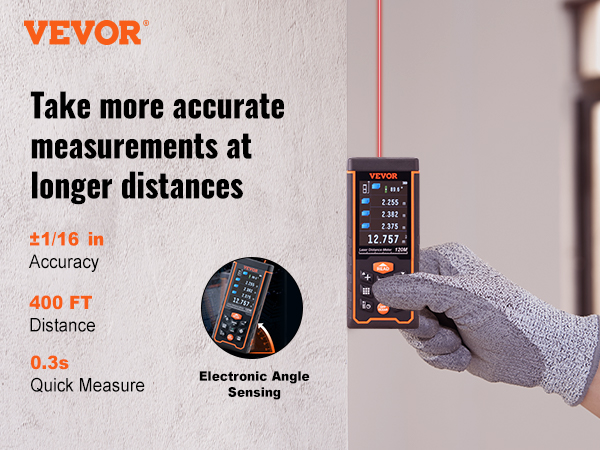 Medidor láser VEVOR, 229 pies, ±1/16'' Medidor de distancia láser de  precisión con almacenamiento de 99 grupos, pies/m/pulgadas/pies+pulgadas,  medidor
