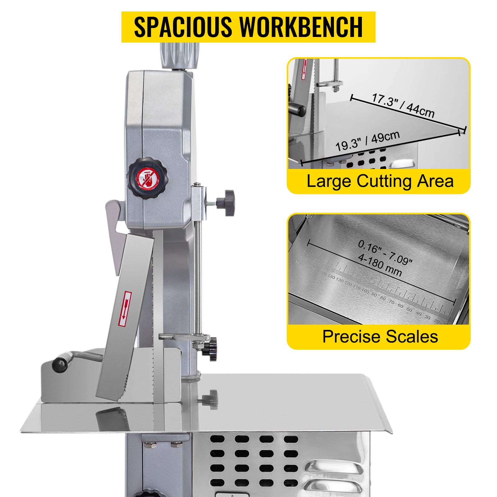 VEVOR 110V Bone Saw Machine, 1500W Frozen Meat Cutter, 2.1HP Butcher  Bandsaw, Thickness Range 4-180mm, Max Cutting Height 215mm, Worktable  19.3x17.3inch, Sawing Speed 19m/s, Equipped with Saw Blades VEVOR US