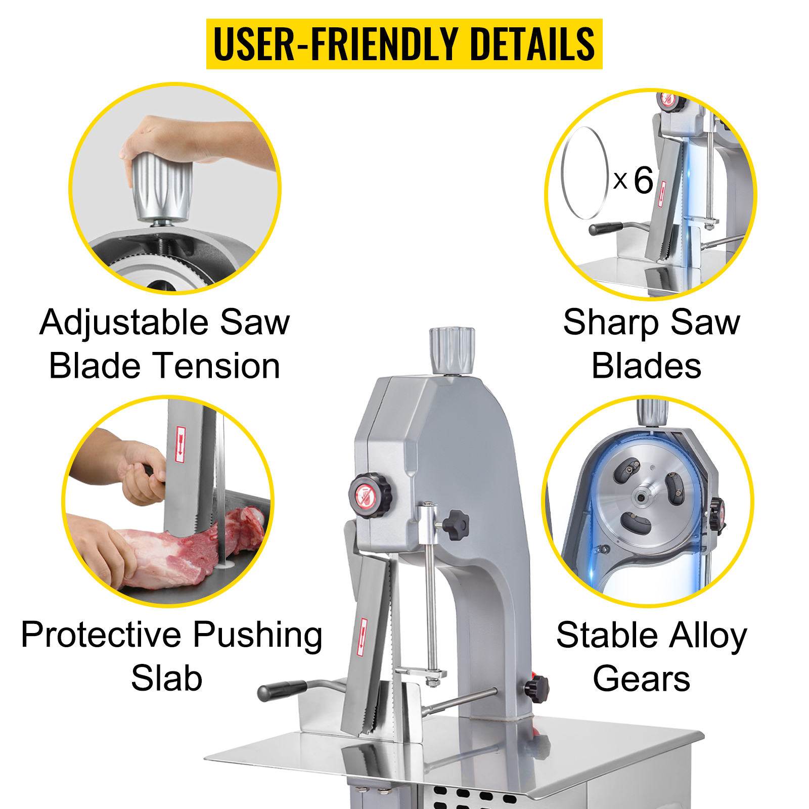 VEVOR 110V Bone Saw Machine, 1500W Frozen Meat Cutter, 2.1HP Butcher  Bandsaw, Thickness Range 4-180mm, Max Cutting Height 215mm, Worktable  19.3x17.3inch, Sawing Speed 19m/s, Equipped with Saw Blades VEVOR US