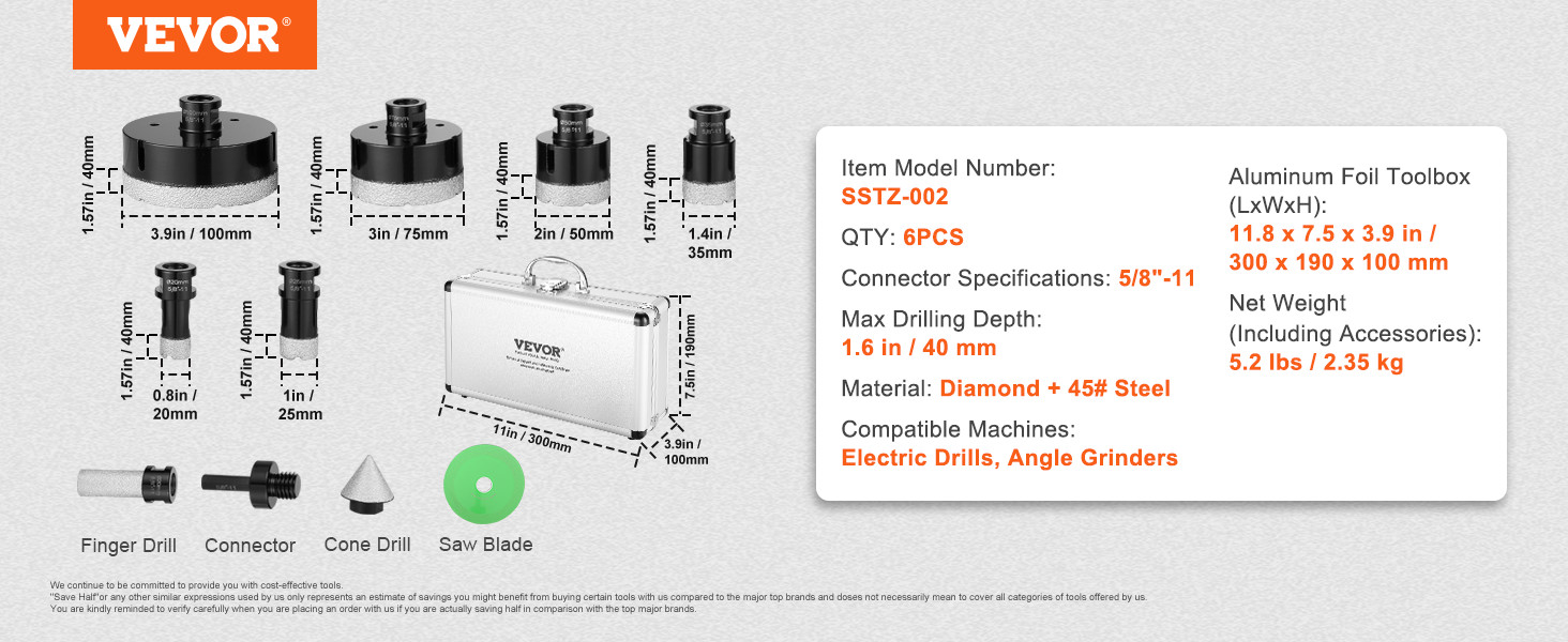 VEVOR Diamond Core Drill Bit Set, 6 PCS 20/25/35/50/75/100mm Diamond Hole Saw Kit, with Finger Milling Bit Cone Bit Saw Blade and Storage Case for Dry and Wet, Diamond Drill Bits for Tile Ceramic