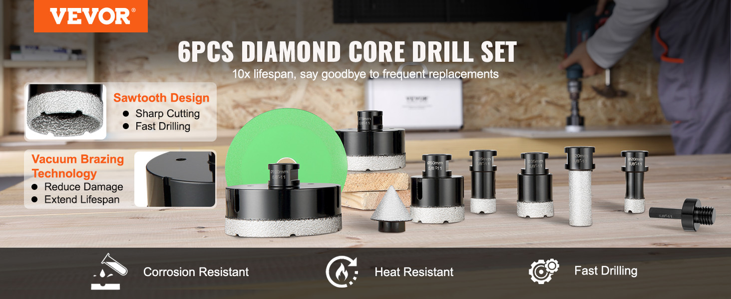 VEVOR Diamond Core Drill Bit Set, 6 PCS 20/25/35/50/75/100mm Diamond Hole Saw Kit, with Finger Milling Bit Cone Bit Saw Blade and Storage Case for Dry and Wet, Diamond Drill Bits for Tile Ceramic