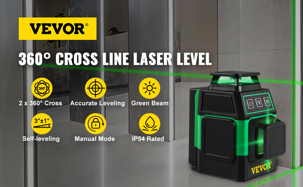 VEVOR Niveau Laser 30 m Niveau Laser 360° x 3 Ligne Croisée Verte Mode  Autonivelant