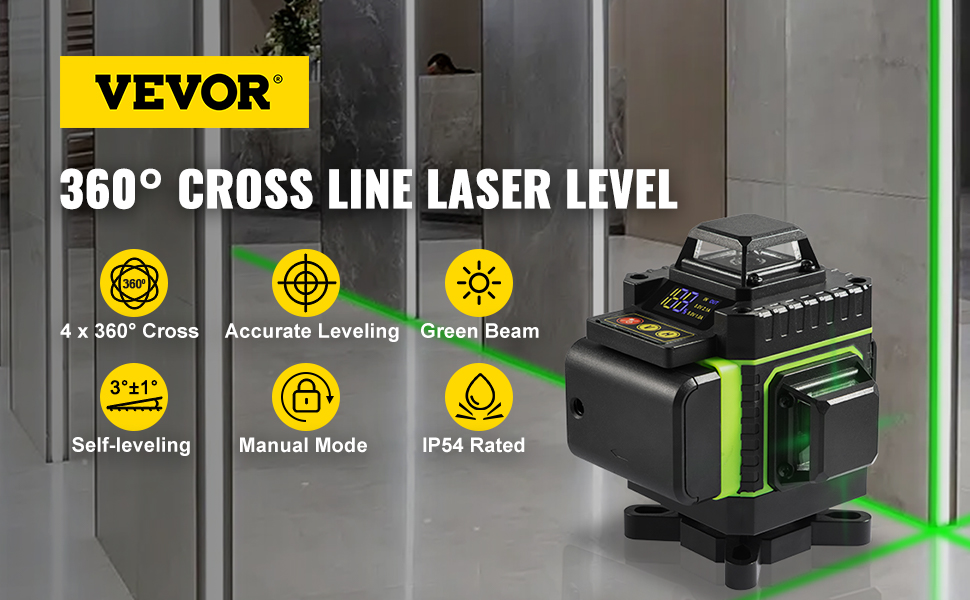 Самовирівнюючий лазерний нівелір VEVOR перехресний лінійний лазерний зелений 4x360 градусів, перехресний лазерний будівельний лазерний лінійний 3D лазер до 8 годин, вирівнюючий пристрій лінійний лазерний для внутрішнього і зовнішнього будівельного майданчика