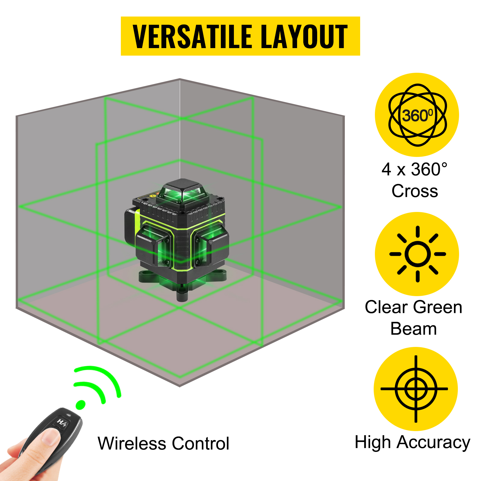Самовирівнюючий лазерний нівелір VEVOR перехресний лінійний лазерний зелений 4x360 градусів, перехресний лазерний будівельний лазерний лінійний 3D лазер до 8 годин, вирівнюючий пристрій лінійний лазерний для внутрішнього і зовнішнього будівельного майданчика
