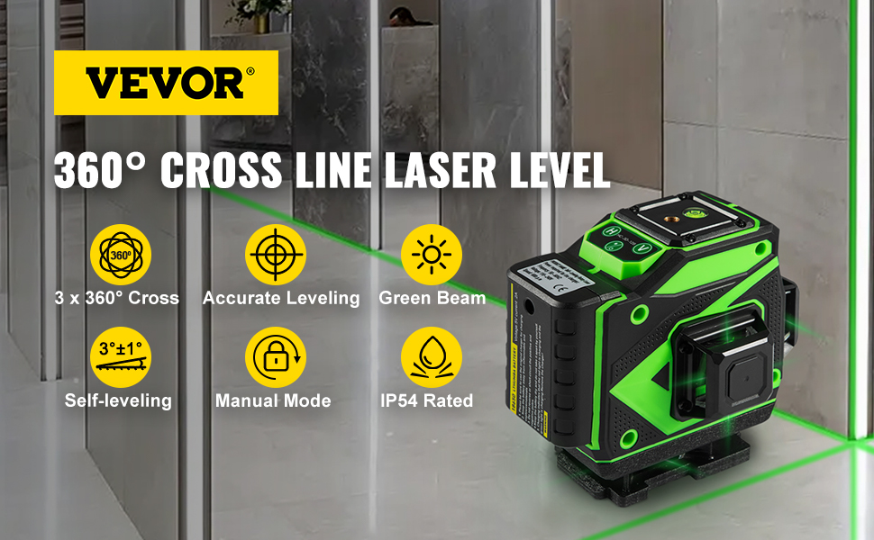 VEVOR Nivel láser autonivelante de 100 pies, láser de línea cruzada manual  verde de 3 x 360°, modo de autonivelación manual de control remoto y láser