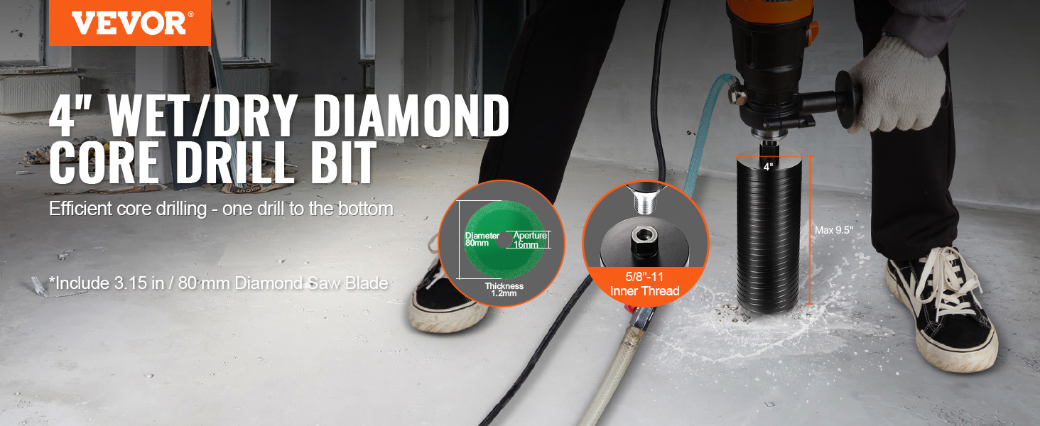 8” Premium Diamond Core Drill Bit – Wet Or Dry Use For Brick, Block, Concrete – 1.25”-7 Thread
