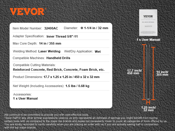 VEVOR Core Drill Bit, 1-1/4