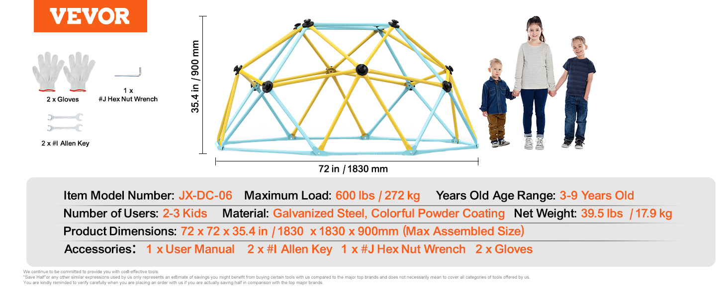 Uimoso 6FT Geometric Dome Climber – Jungle Gym For Kids Ages 3-9 – 600 Lb Capacity