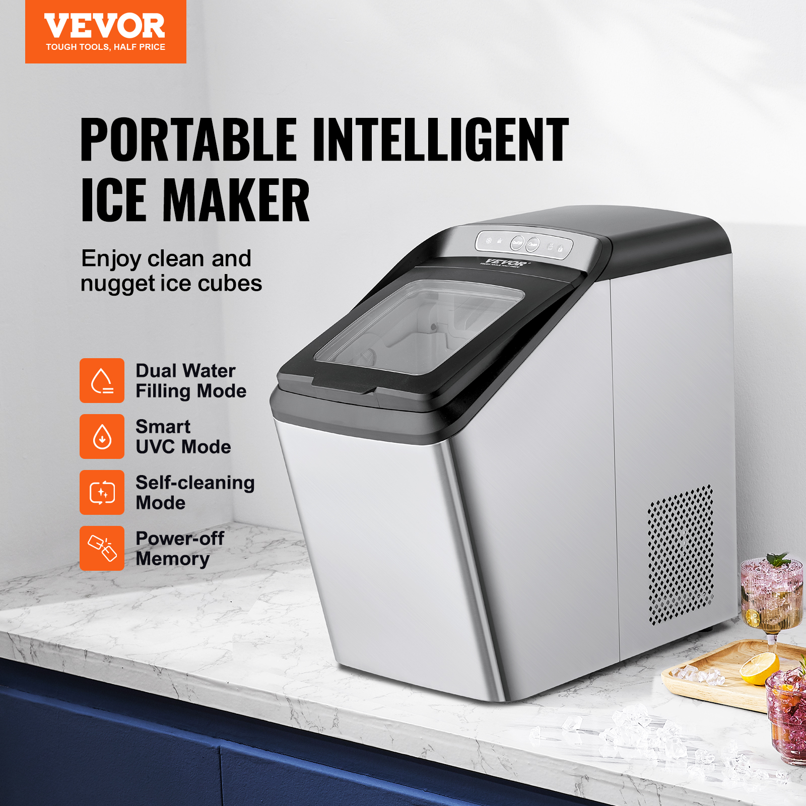 VEVOR Portable Countertop Ice Cube Maker Machine 26/33/37/62Lb/24H Self-Cleaning