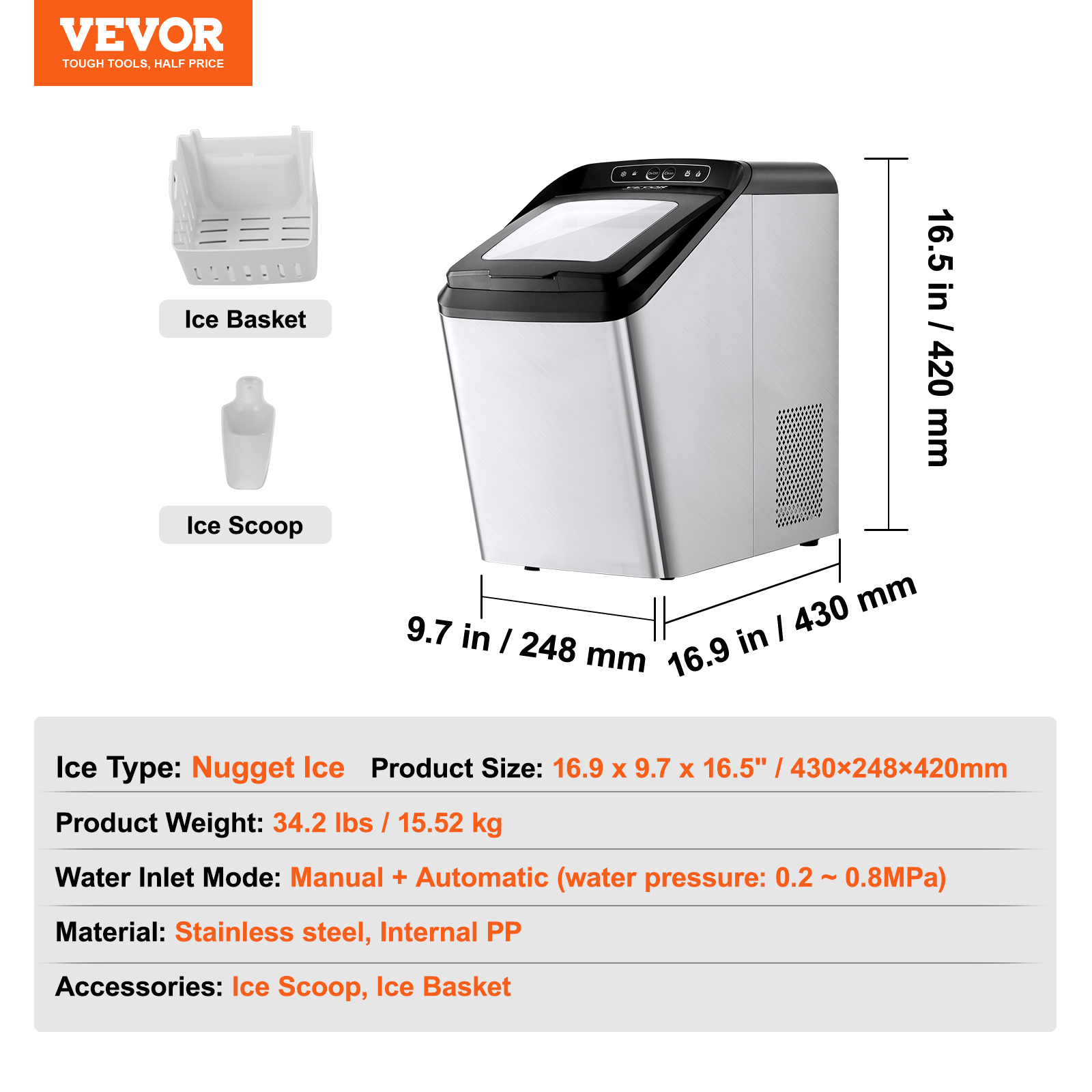 VEVOR Portable Countertop Ice Cube Maker Machine 26/33/37/62Lb/24H Self-Cleaning