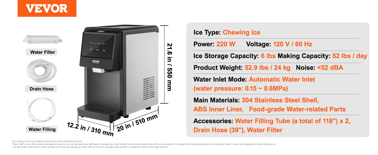VEVOR Countertop Ice Maker, 62lbs in 24Hrs, Auto Self-Cleaning Portable Ice Maker with Water Filling Pipe, Water Filter and Drainpipe, Automatic Water Refill Ice Machine for Home Kitchen Office Party