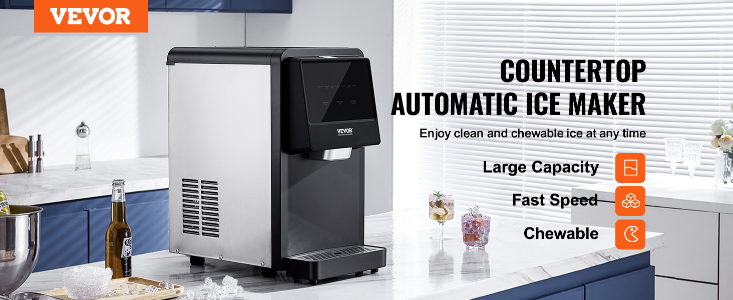 VEVOR Countertop Ice Maker, 62lbs in 24Hrs, Auto Self-Cleaning Portable Ice Maker with Water Filling Pipe, Water Filter and Drainpipe, Automatic Water Refill Ice Machine for Home Kitchen Office Party