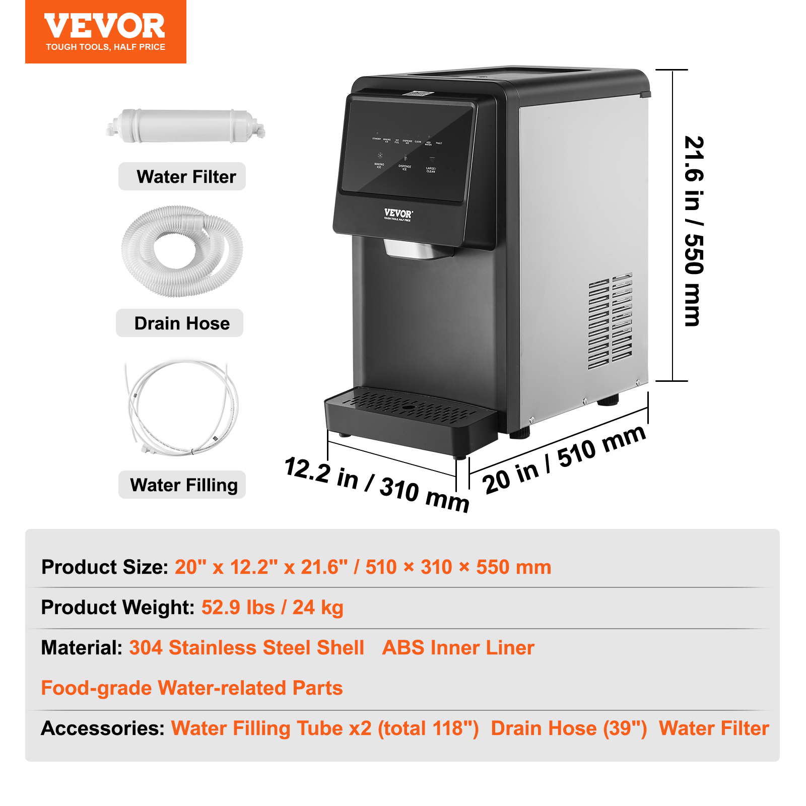 VEVOR Portable Countertop Ice Cube Maker Machine 26/33/37/62Lb/24H Self-Cleaning