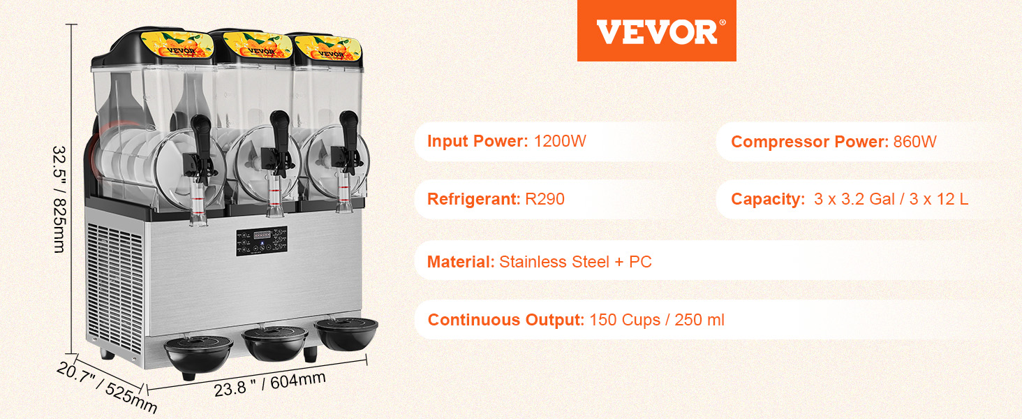 VEVOR slushy machine, 3 tanks, 1200w, stainless steel, 3.2 gal each, 150 cups continuous output.