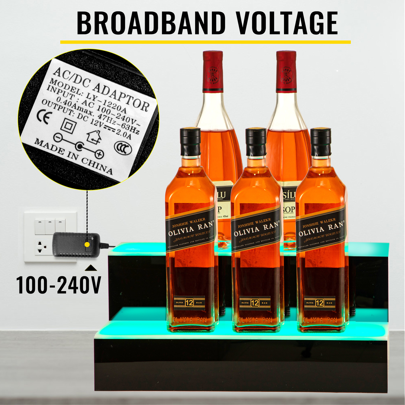 VEVOR LED Lighted Liquor Bottle Display Shelf, 20-inch LED Bar Shelves for Liquor, 2-Step Lighted Liquor Bottle Shelf for Home/Commercial Bar, Acrylic Lighted Bottle Display with Remote & App Control