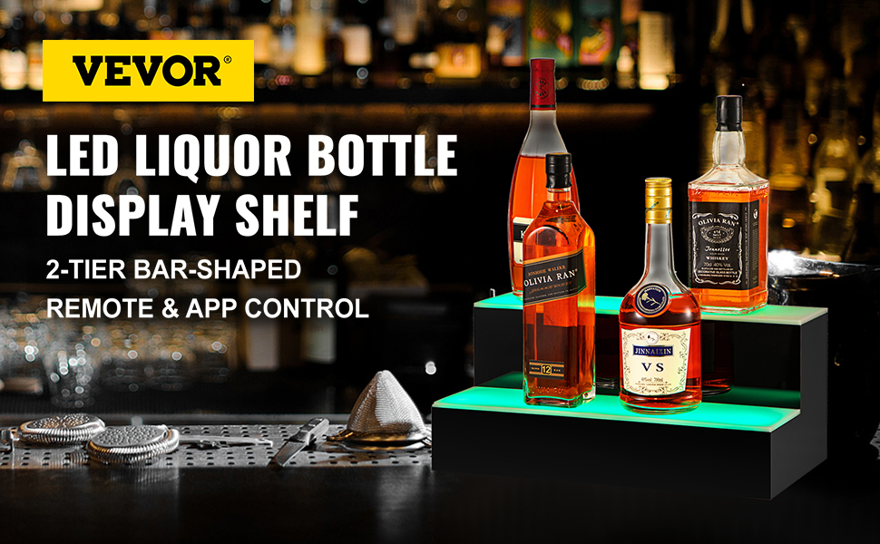 VEVOR LED Lighted Liquor Bottle Display Shelf, 24-inch LED Bar Shelves for Liquor, 2-Step Lighted Liquor Bottle Shelf for Home/Commercial Bar, Acrylic Lighted Bottle Display with Remote & App Control