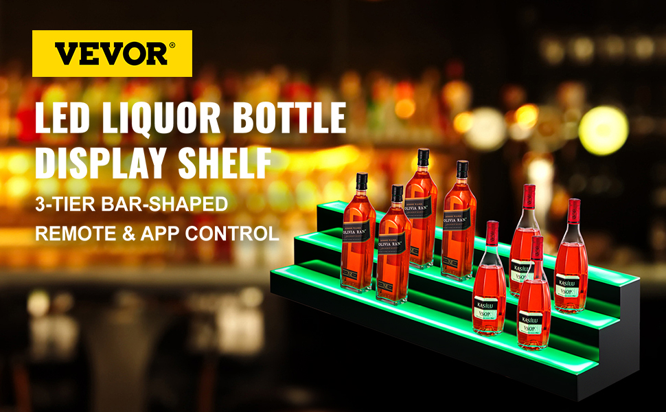 VEVOR LED Lighted Liquor Bottle Display Shelf, 60-inch LED Bar Shelves for Liquor, 3-Step Lighted Liquor Bottle Shelf for Home/Commercial Bar, Acrylic Lighted Bottle Display with Remote & App Control