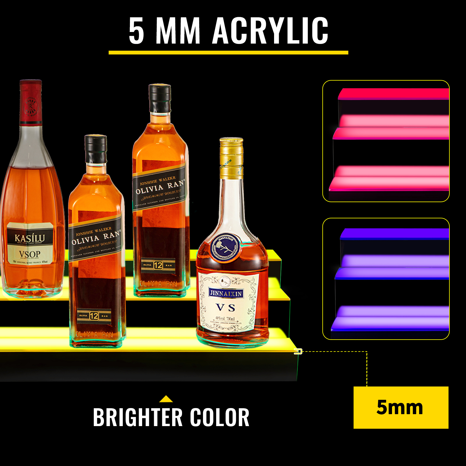 VEVOR LED Lighted Liquor Bottle Display Shelf, 60-inch LED Bar Shelves for Liquor, 3-Step Lighted Liquor Bottle Shelf for Home/Commercial Bar, Acrylic Lighted Bottle Display with Remote & App Control