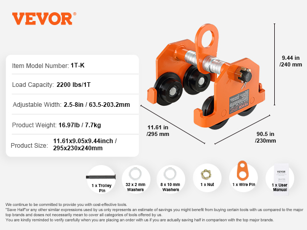 VEVOR Manual Trolley, 2200 lbs/1 Ton Load Capacity, Push Beam Trolley ...