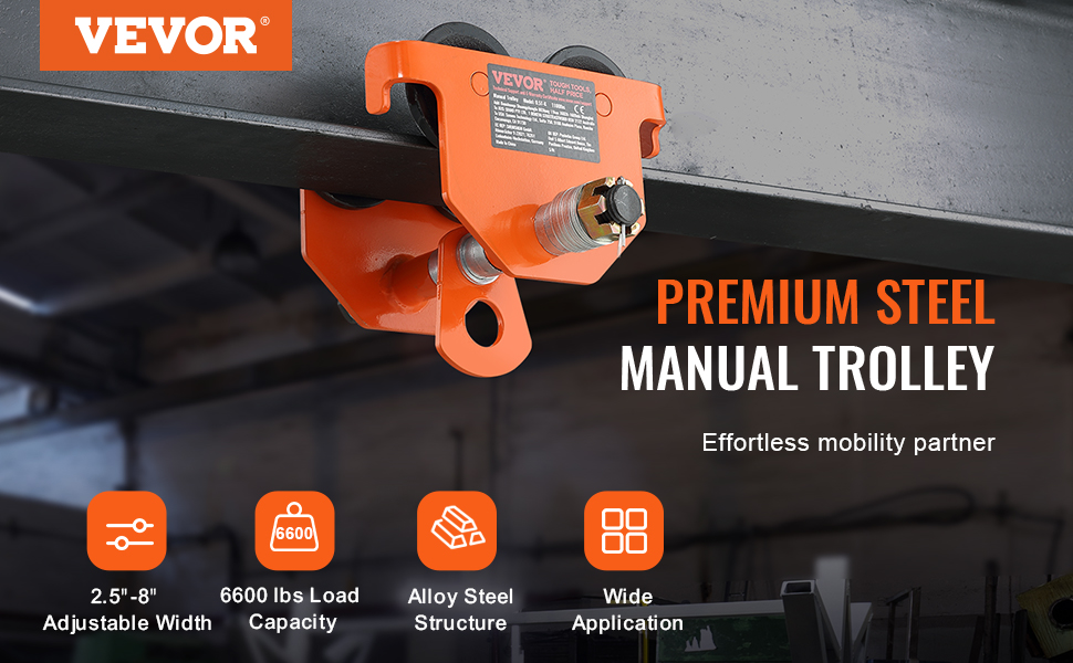 Heavy-Duty Push Beam Trolley - 6600 Lbs / 3 Ton Capacity, Adjustable Width 2.5-8 Inches For I-Beams