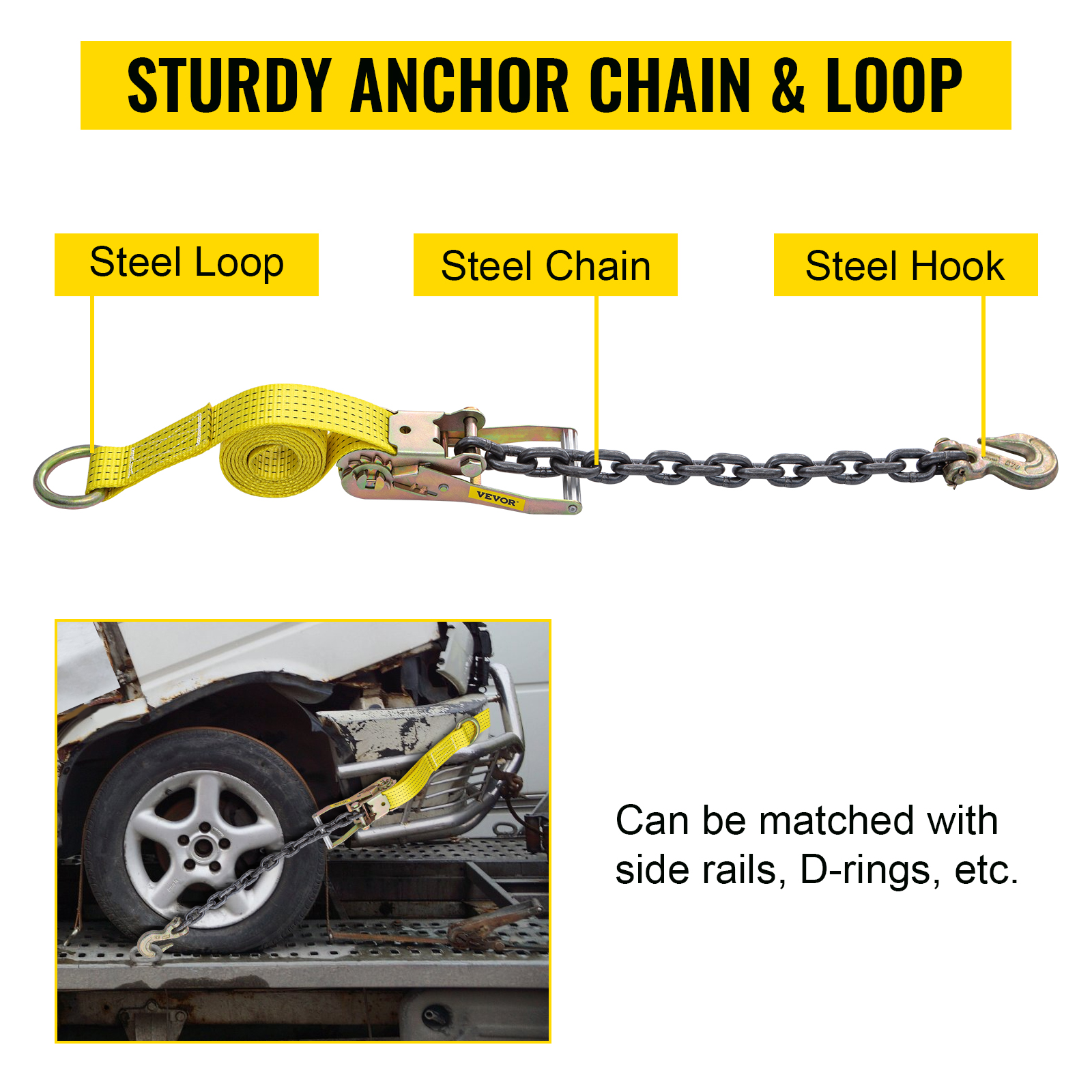 VEVOR Ratchet Tie Down Straps, 2'' x 9.8' Heavy Duty Ratchet Straps with  11.8 Chain Anchors, 4000 lbs Working Load, 4 Pack Tie Down Set for Moving  Motorcycle, Cargo & Daily Use