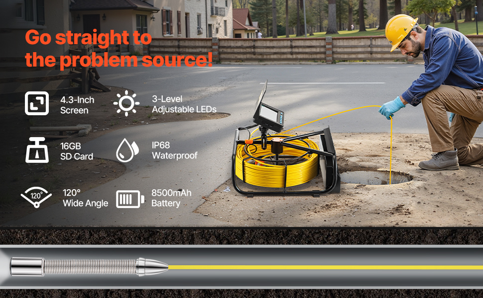 Caméra D'inspection De Canalisation VEVOR 30m - Écran 9", Zoom 36x, Auto-nivelante, Neuve