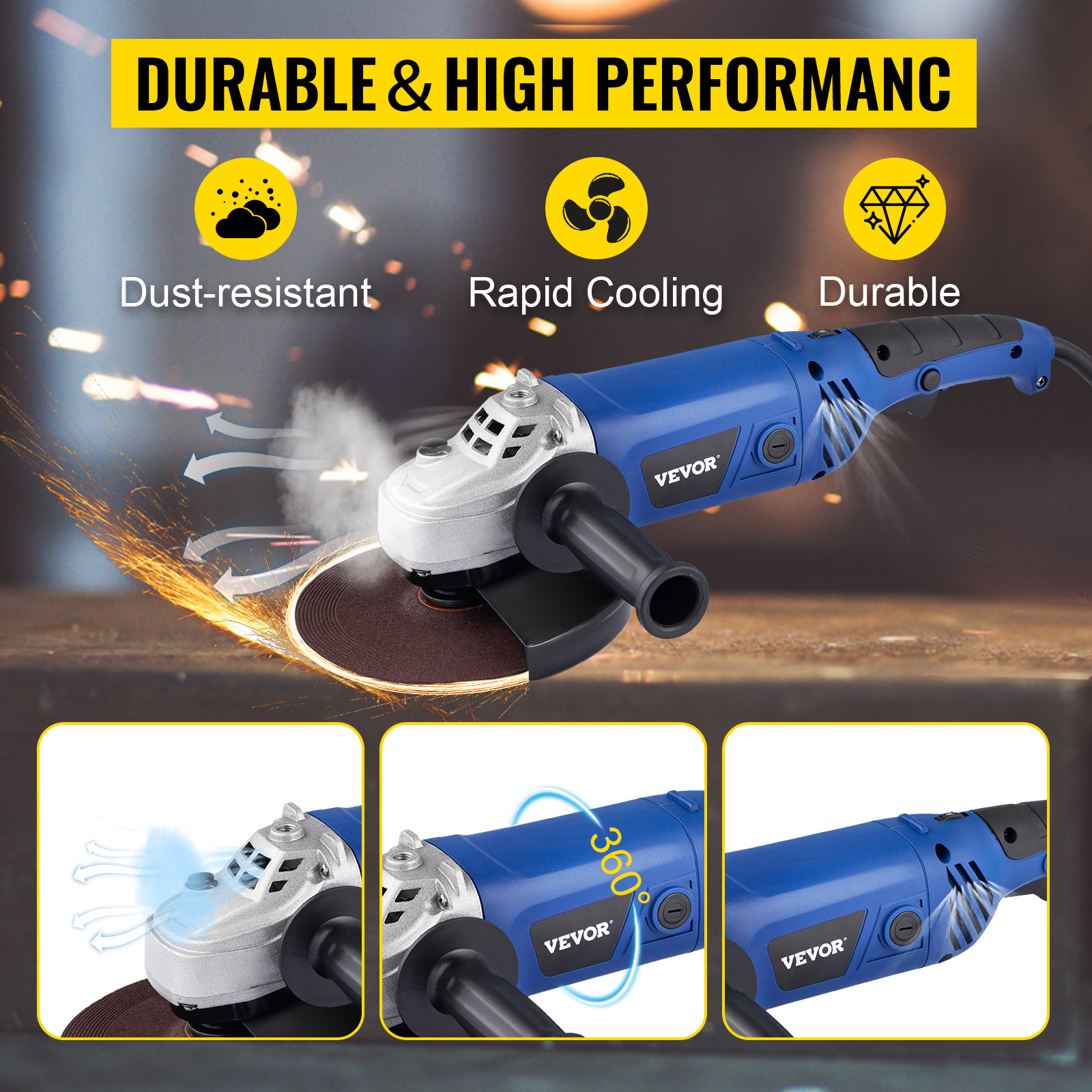 VEVOR Cordless Angle Grinder Kit, 4-1/2'' 9000rpm Brushless Motor, 3 Variable Speed, Electric Grinder Power Tools with 20V 4.0Ah Battery & Fast