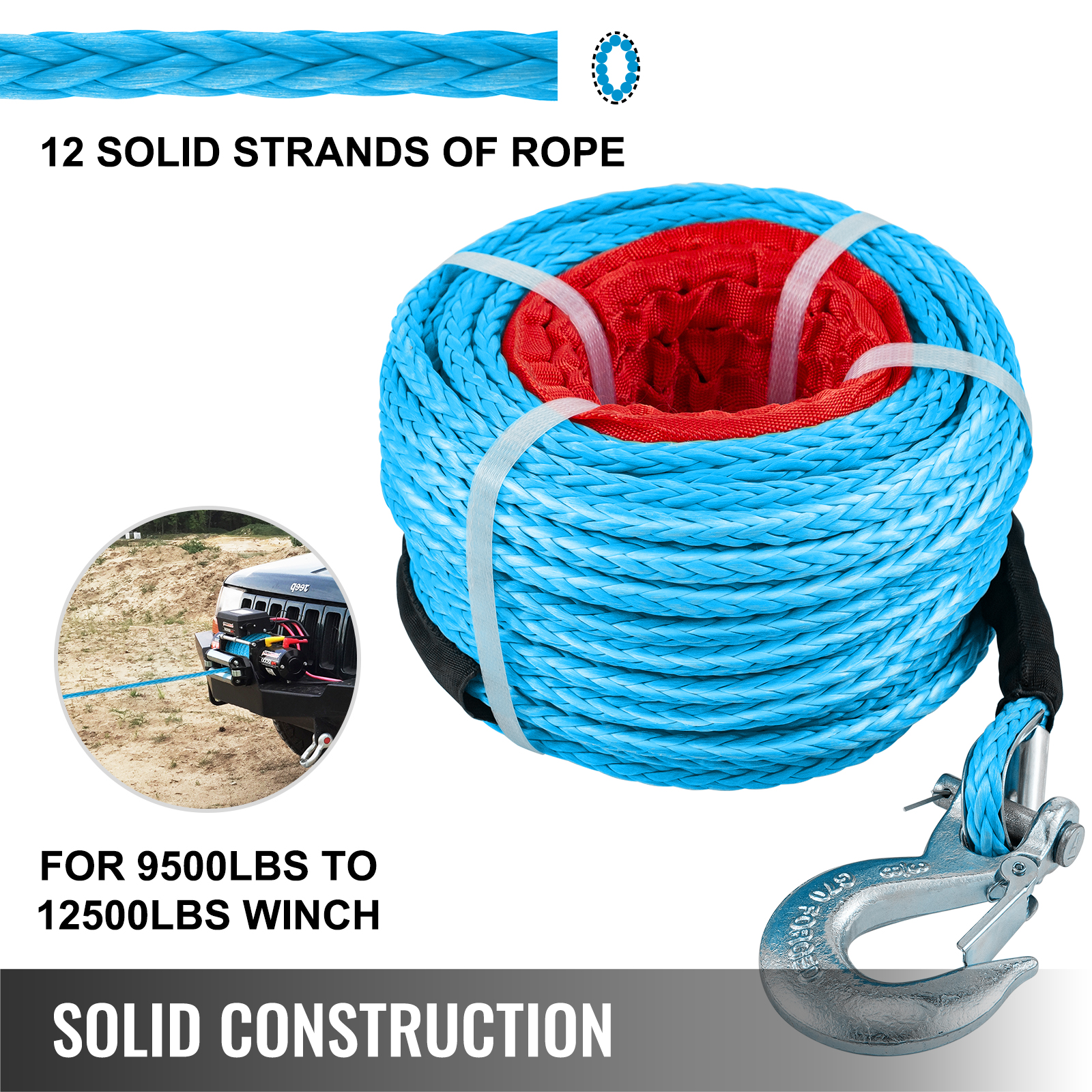 VEVOR Synthetic Winch Rope 3/8in x 100ft, Winch Line Cable with