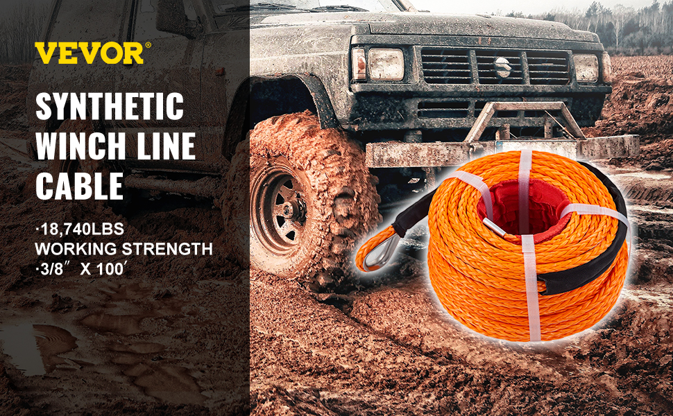 VEVOR Synthetic Winch Rope 3/8 x 100ft, Winch Cable with G70 Hook 18740  Lbs Working Strength, 12 Strands, Synthetic Winch Cable w/Protective Sleeve,  for Vehicles Towing, Orange