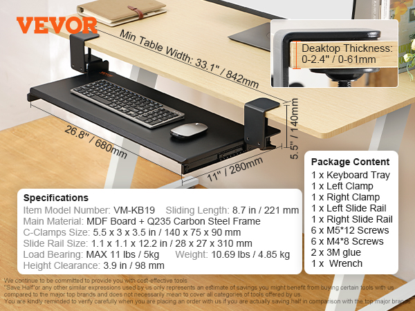 Cajón extraíble para teclado, bandeja de teclado de madera de 5 colores  debajo del escritorio, soporte de teclado ajustable en altura, para  estantes