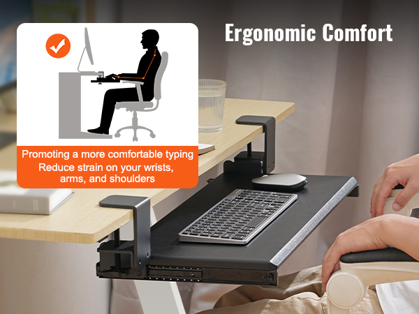Bandeja de teclado ergonómica para debajo del escritorio, altura ajustable  para teclado, soporte con abrazadera en C, cajón de computadora deslizante