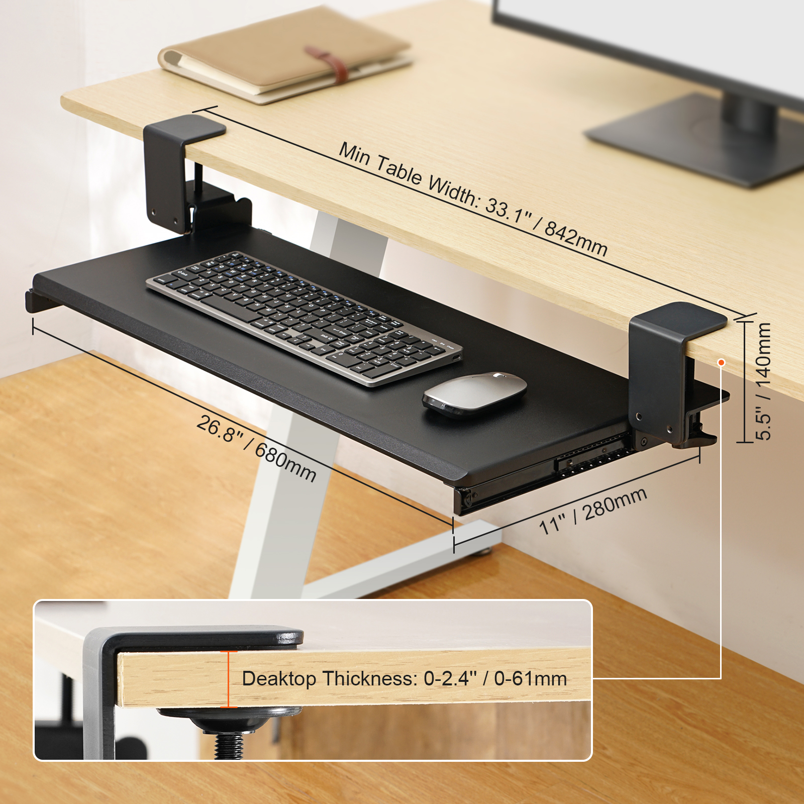 Keyboard Tray Under Desk Pull out Keyboard/Mouse Tray Ergonomic w/ C-Clamp - Picture 21 of 26
