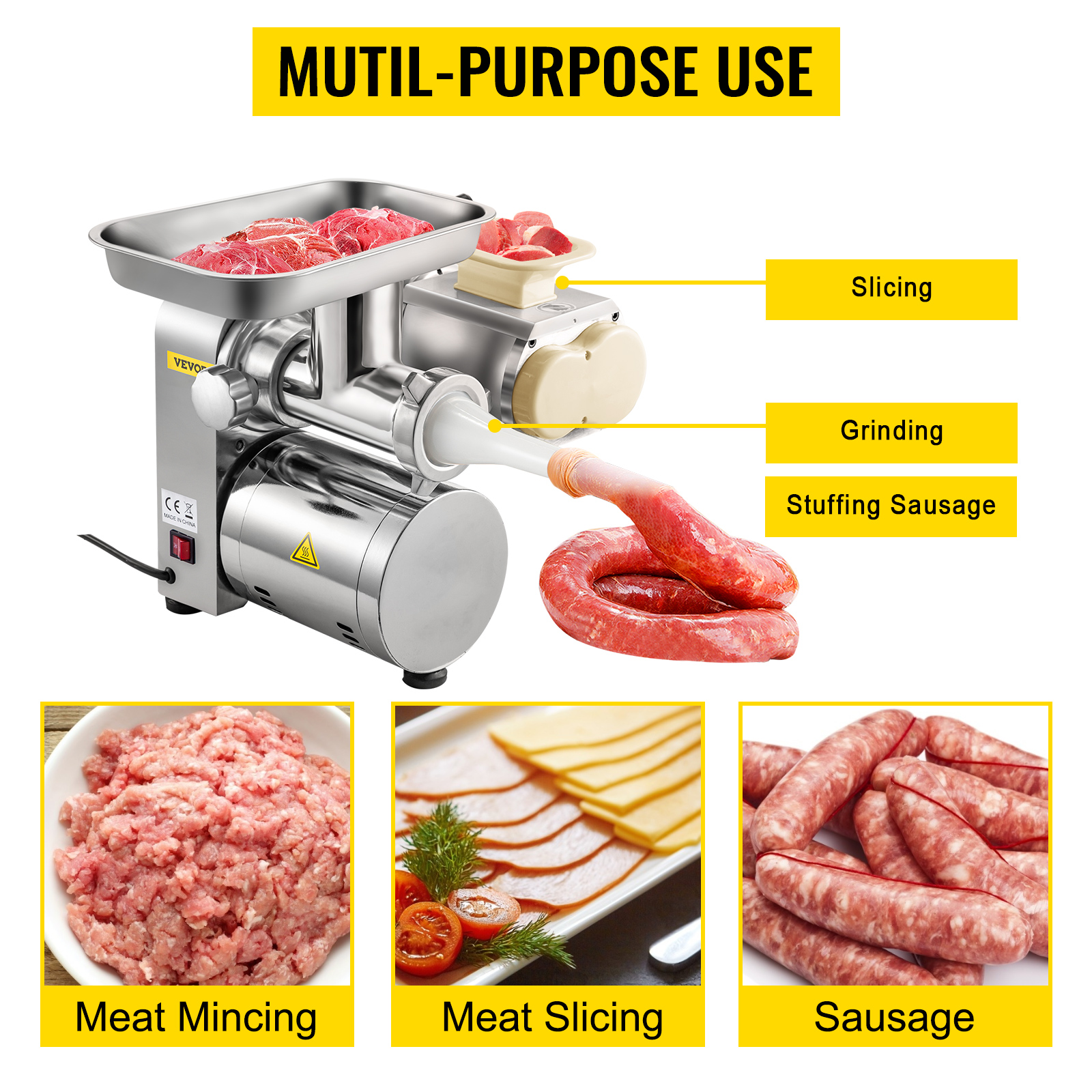 VEVOR Electric Meat Grinder Commercial 550lbs/h 850W Sausage Maker