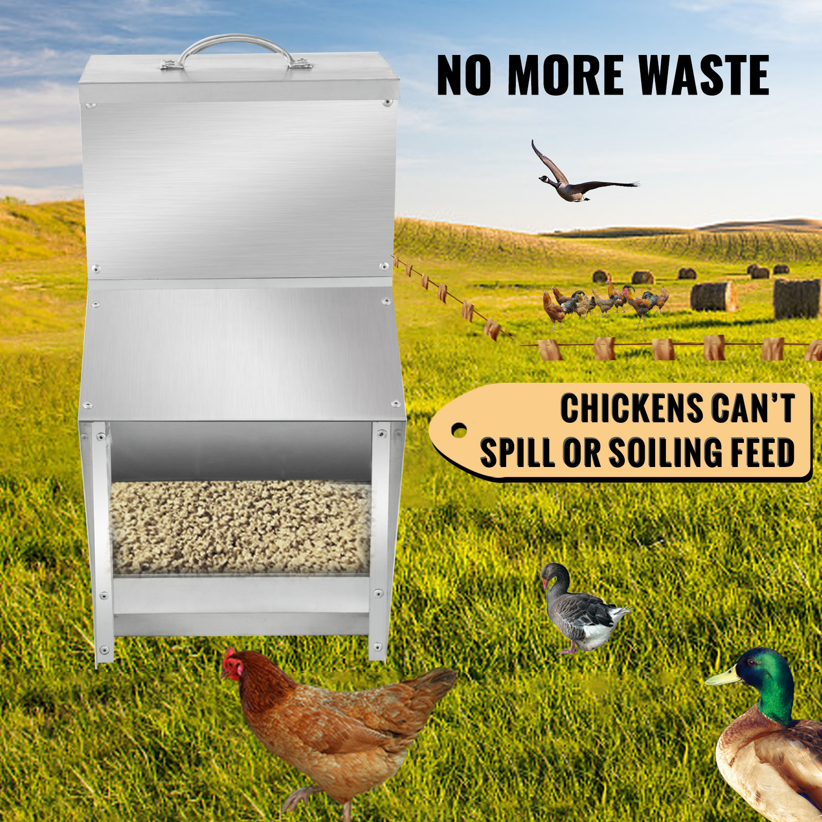 VEVOR Galvanized Poultry Feeder Holds 25lbs of Feed Chicken Feeders No Waste 12.9x8.3x18.9in Hanging Chicken Feeder with Lid Weatherproof Outdoor Coop Food Dispenser for Duck 
